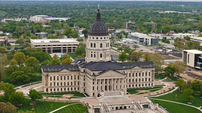 Topeka, Kansas - April 26, 2025: Aerial Drone Views of the Kansas State Capitol Government Building in Topeka, KS