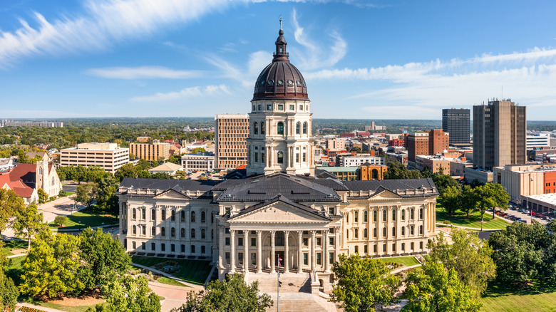 Aerial view of Kansas State Capitol, in Topeka on a sunny day. The Kansas State Capitol is the building housing the executive and legislative branches of government for the U.S. state of Kansas