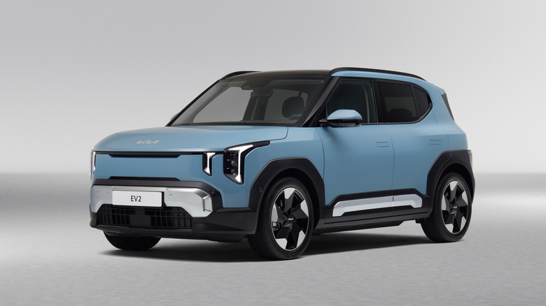 Front 3/4 view of a blue Kia EV2