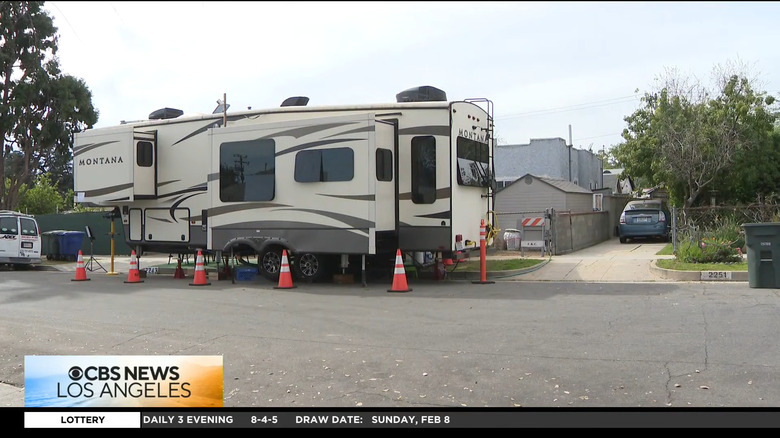 An RV parked outside a home in Altadena