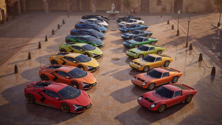 Colorful Lamborghini Revuelto Miura 60 Homage special editions with matching Miuras
