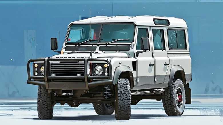 A white Land Rover Defender