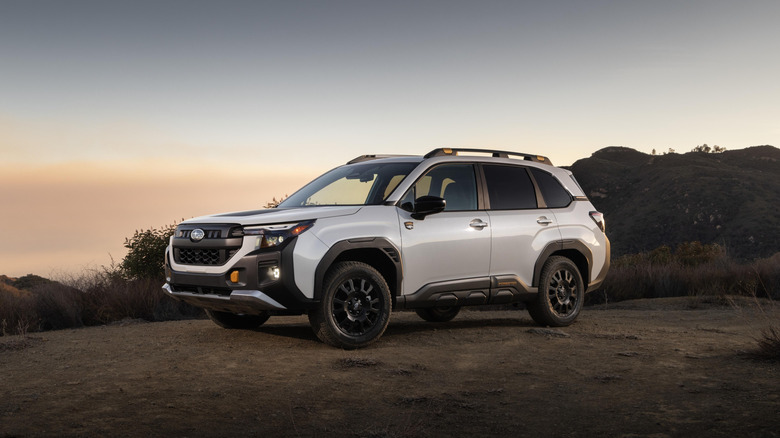 Front 3/4 of 2026 Subaru Forester parked on dirt