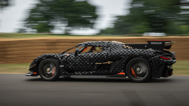 The real-life working Lego Technic Koenigsegg Sadair's Spear running at speed downhill at Goodwood.