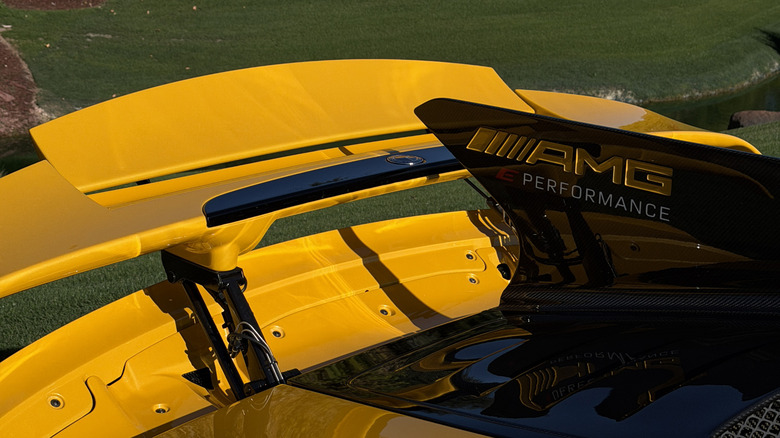 Rear wing and shark fin of a yellow Mercedes-AMG One