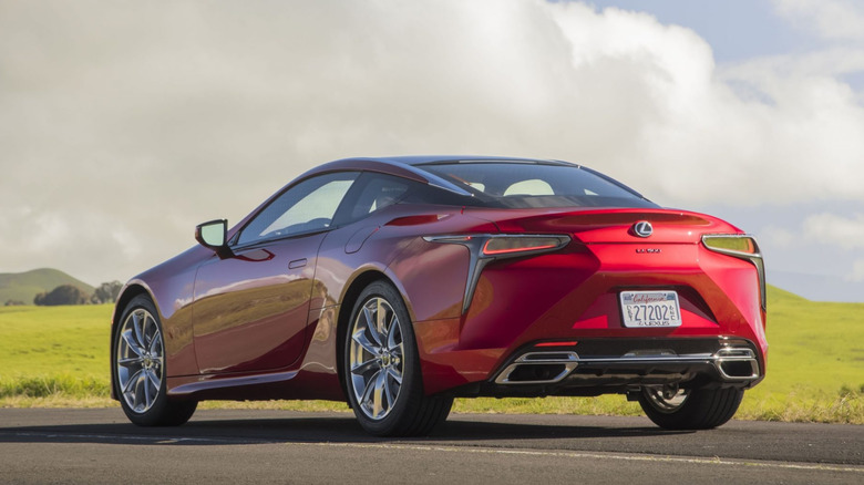 A rear shot of a red Lexus LC 500