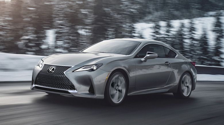 A front-quarter shot of a 2021 Lexus RC in gray