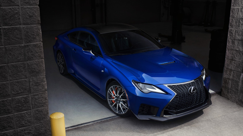 An overhead front shot of a blue 2021 Lexus RC F