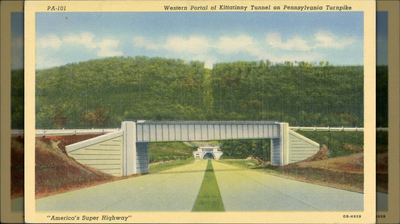An old postcard showing the western portal of the Kittatinny Tunnel on the Pennsylvania Turnpike