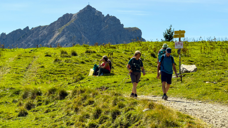 Three people hike in a hilltop in front of a mountain while a fourth person sits and rests