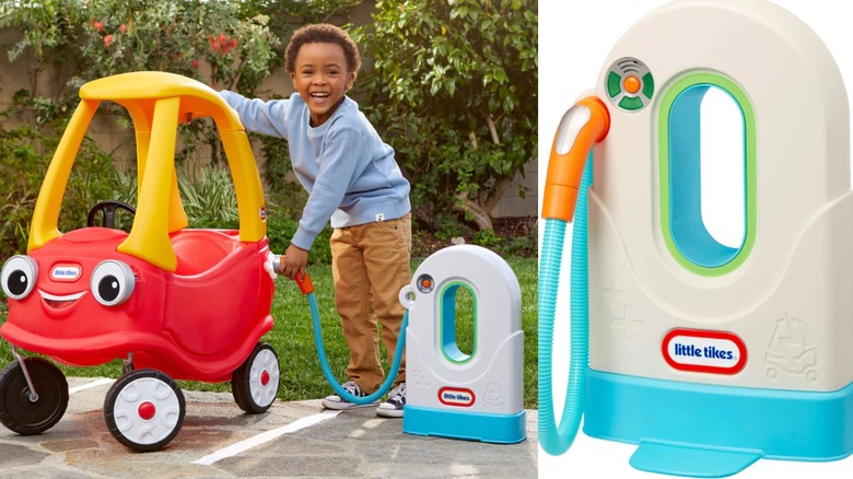 A young boy plugging a Cozy Coupe into the EV charger with a big smile, next to a close-up of the EV charger