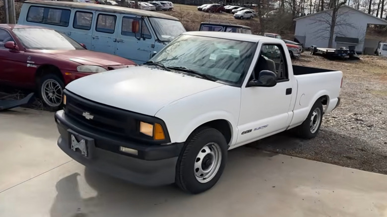 Front 3/4 of white 1997 Chevrolet S-10 Electric EV pickup truck