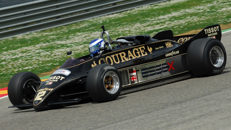 The 1981 Lotus 88 F1 car on the Mugello Circuit in Italy during the Mugello Historic Festival.