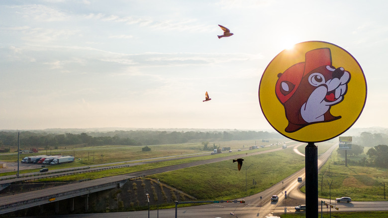 In an aerial view, the Buc-ee's convenience store logo is seen on June 12, 2024 in Luling, Texas. The Texas-based convenience store and gas stop, Buc-ee's has become the world's largest convenience store with over 100 gas pumps and a 75,000 square feet store. The newly opened location in Luling is nearly 30 times larger than average convenience stores, and hosts thousands of food and beverage options.