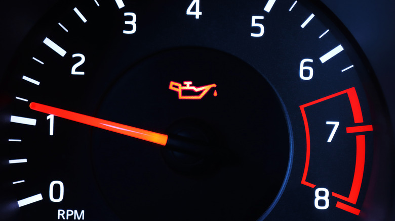 Low oil pressure warning light on the tachometer at engine idle.