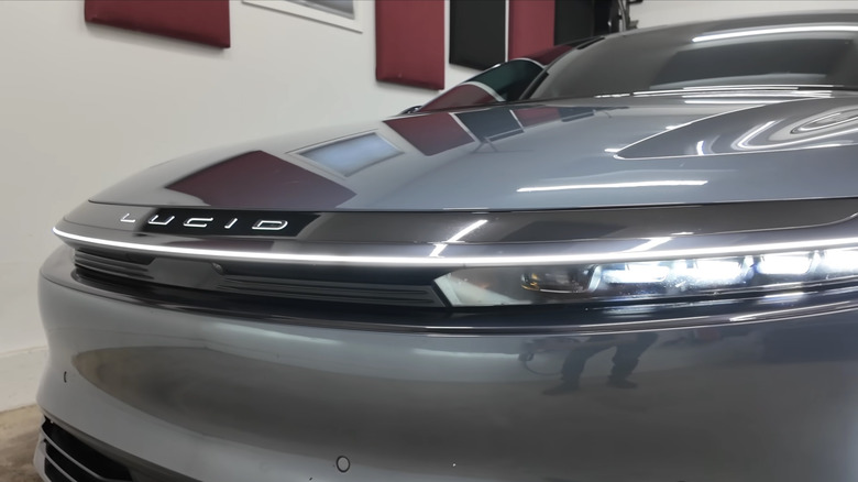 Close-up view of the front of Engineering Explained's 2025 Lucid Air Touring