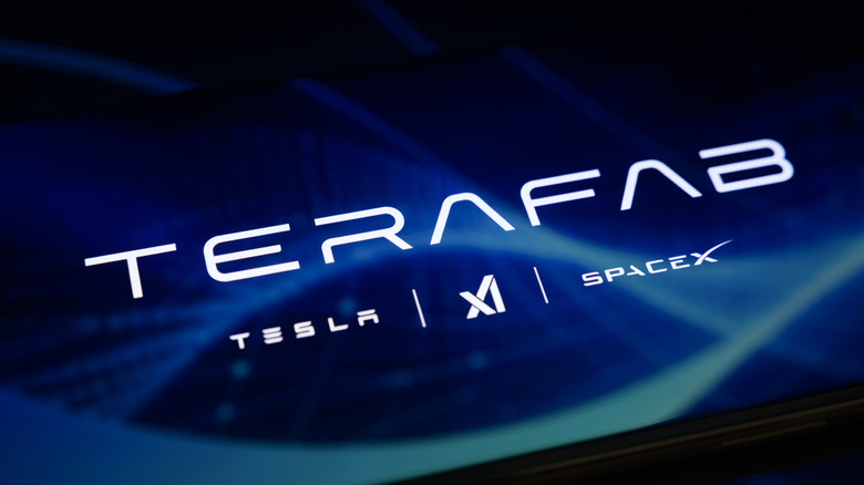 terafab loga on a blue and green swirly background with the logos of Musk's other companies; Tesla, X and SpaceX, below