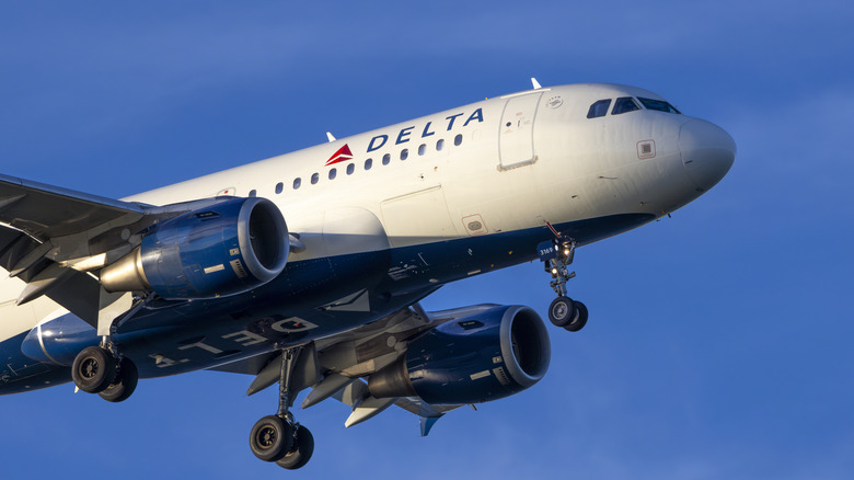 A Delta airlines plane in the skies.