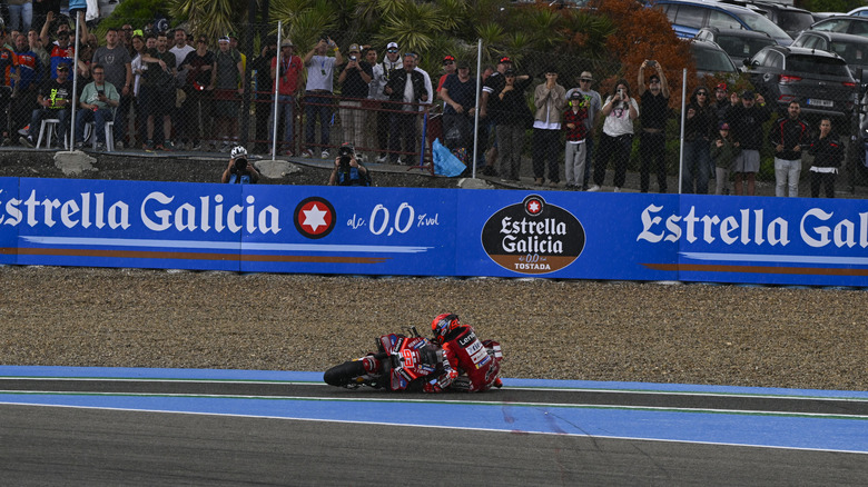 Marc Marquez of Spain riding the Lenovo Ducati (93) crashes out during the Sprint ahead of the MotoGP of Spain at Circuito de Jerez on April 25, 2026 in Jerez de la Frontera, Spain.