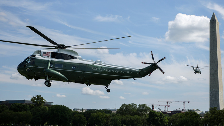 Marine One carrying U.S. President Donald Trump departs from the Ellipse near the White House en route to Joint Base Andrews on August 04, 2026 in Washington, DC.