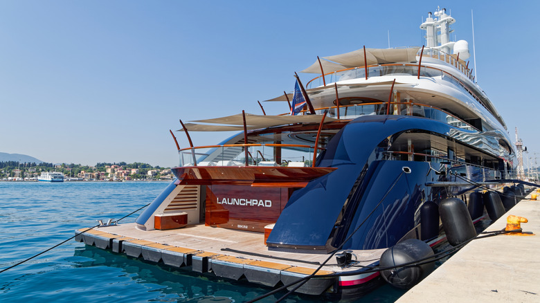 CORFU CITY, CORFU, IONIAN ISLANDS, GREECE - JULY 16, 2025: Yacht Launchpad at anchor in Corfu. Luxury motor mega yacht built by Feadship in the Netherlands in 2024. Superyacht owned by Mark Zuckerberg