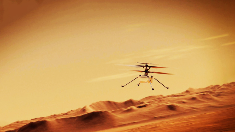 Artist's rendering of the Ingenuity drone flying above the surface of Mars