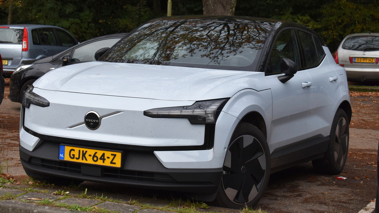 Bussum, the Netherlands - November 2, 2025: a blue 2024 Volvo EX30