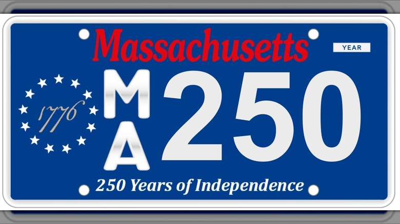 Rendering of the Massachusetts commemorative "250 Years of Independence" blue license plate