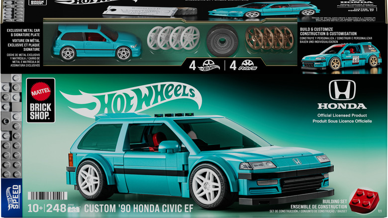 A photo of the box for the Honda Civic Mattel Brick Shop model showing the wheel designs and the Hot Wheels car