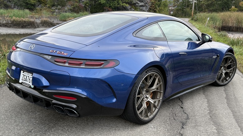 blue 2025 Mercedes-AMG GT63 S E Performance rear 3/4 view