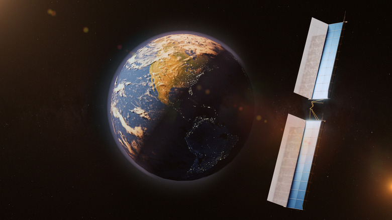 Artist's rendering of an Overview satellite in geosynchronous orbit over the Earth
