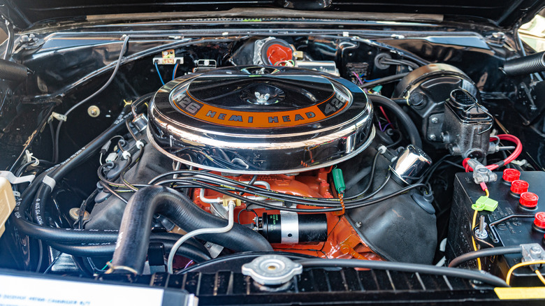 A 426 Hemi Head V8 classic engine in a car