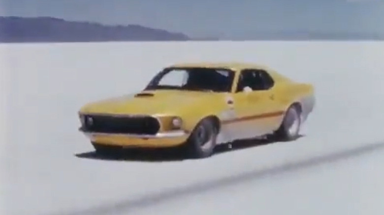 A yellow 1969 Ford Mustang Mach 1 at Bonneville in 1968
