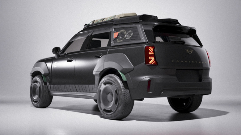 A rear three-quarters shot of the blacked-out Countryman concept shot in an all-white studio