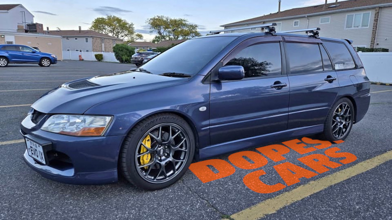 A purple Evo IX wagon