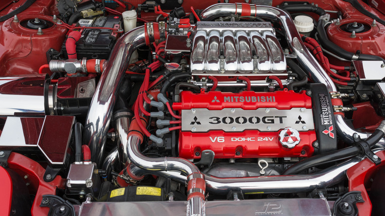 Engine detail of a clean, polished Mitsubishi 3000GT V6 engine