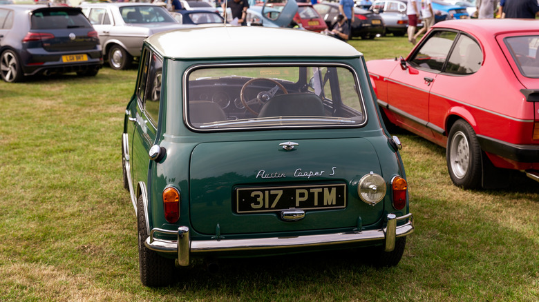 Rear shot of a MK1 Mini Cooper S, showing two gas caps