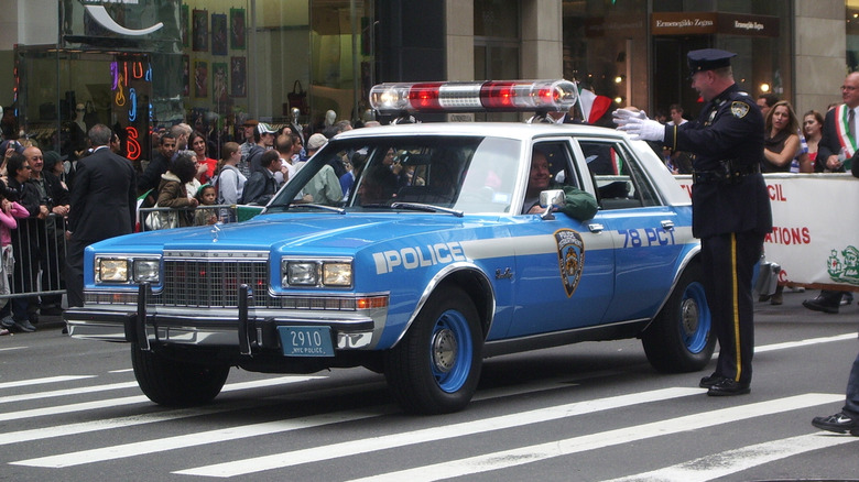 A vintage Plymouth blue and white police car being driven on the road.