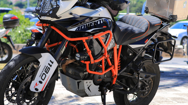 An ADV motorcycle fitted with crash guards.
