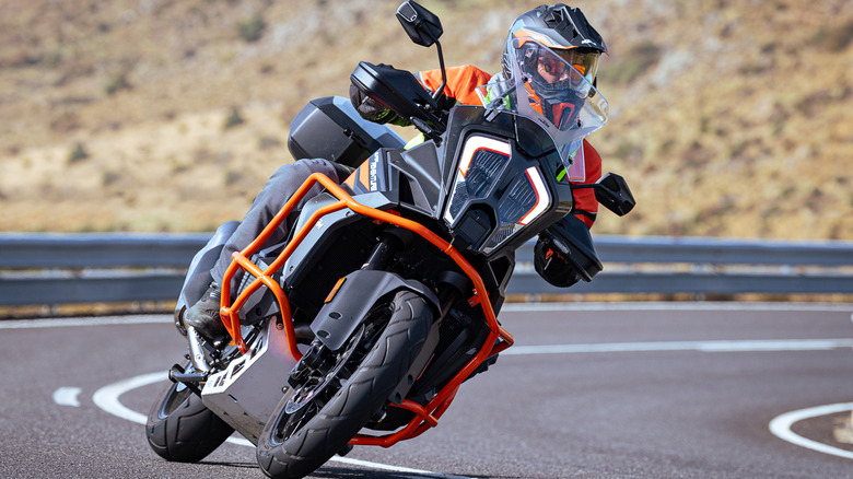 An adventure motorcycle equipped with crash guards.