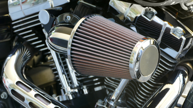 A pod air filter on a V-twin motorcycle