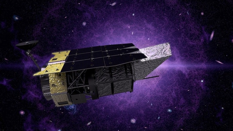 An artist's rendering of the Nancy Grace Roman Space Telescope in space against a purple nebula