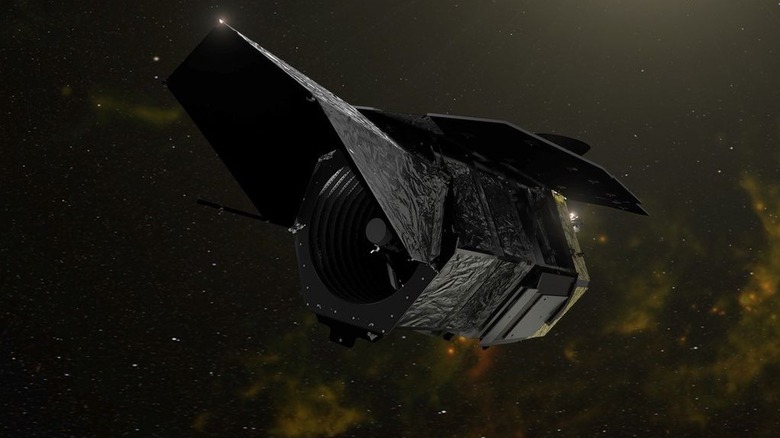 Artist's rendering of the Nancy Grace Roman Space Telescope against a green and brown cosmic field