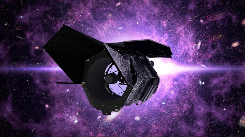 Artist's rendering of the Nancy Grace Roman Space Telescope against a purple cosmic field