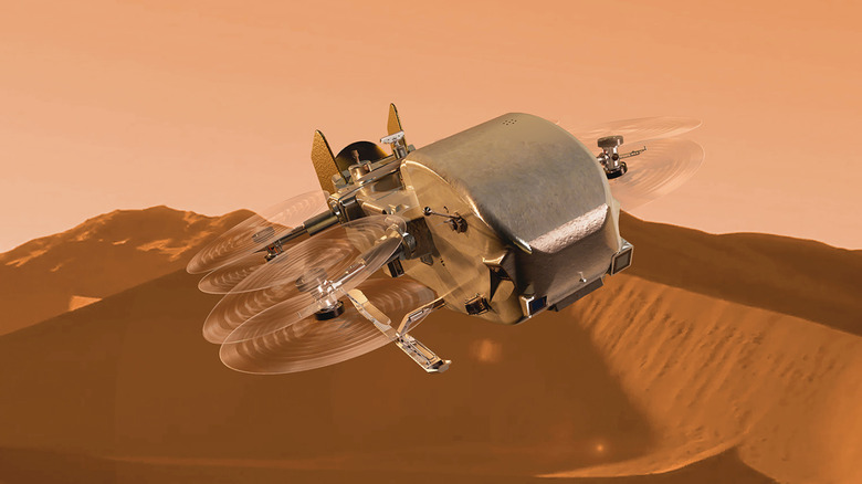 Artist's rendering of the Dragonfly rotorcraft flying over the surface of Titan