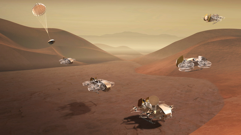 Artist's rendering of a composite image of the Dragonfly rotorcraft parachuting onto the surface of Titan, landing, and taking off again