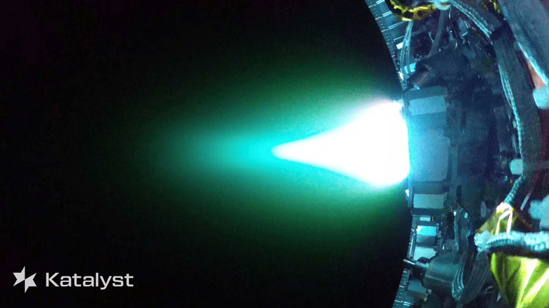 Close-up of the xenon-fueled electric thrusters on the Katalyst Link satellite
