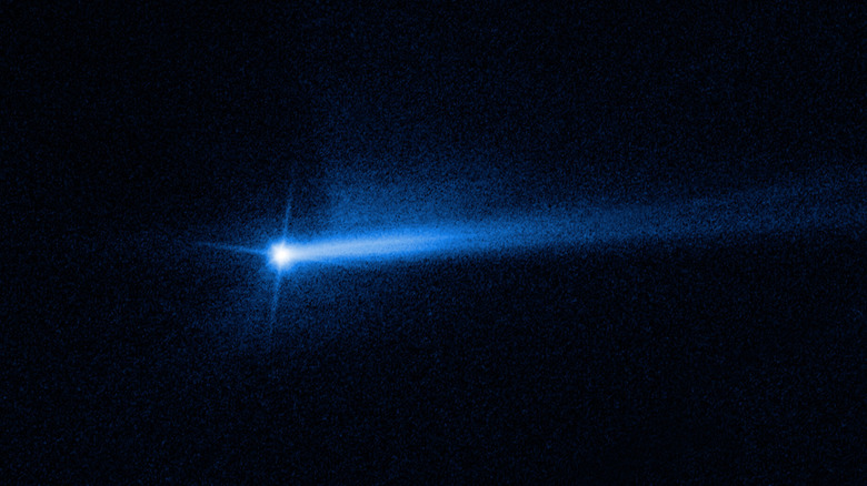 The Hubble Space Telescope observed two tails of dust ejected from the Didymos-Dimorphos asteroid system several days after NASA's DART spacecraft impacted the smaller asteroid.
