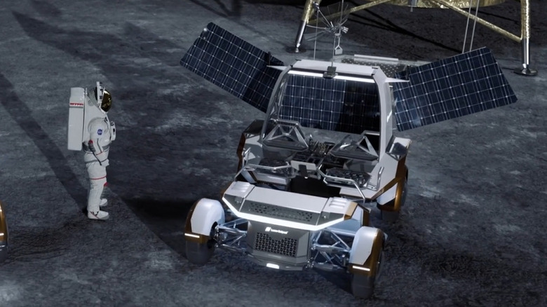 Artist's rendering of a Pegasus LTV deploying its solar panels while an astronaut looks on