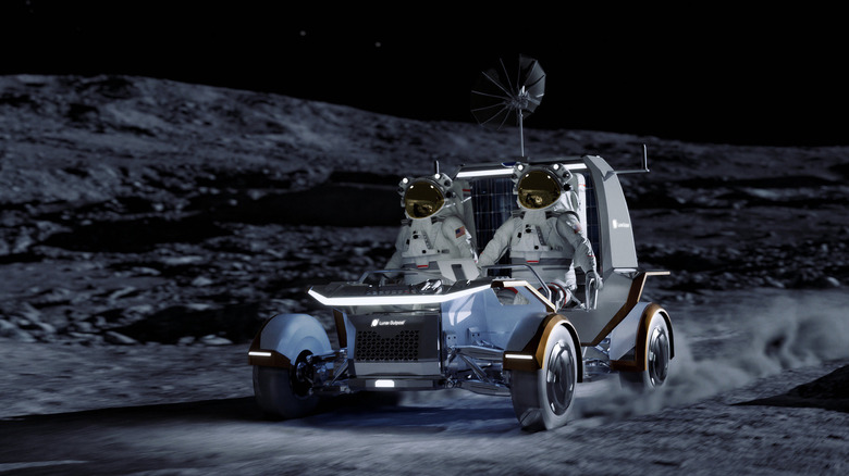 Artist's rendering of the Lunar Outpost Pegasus LTV on the Moon with two astronauts on board